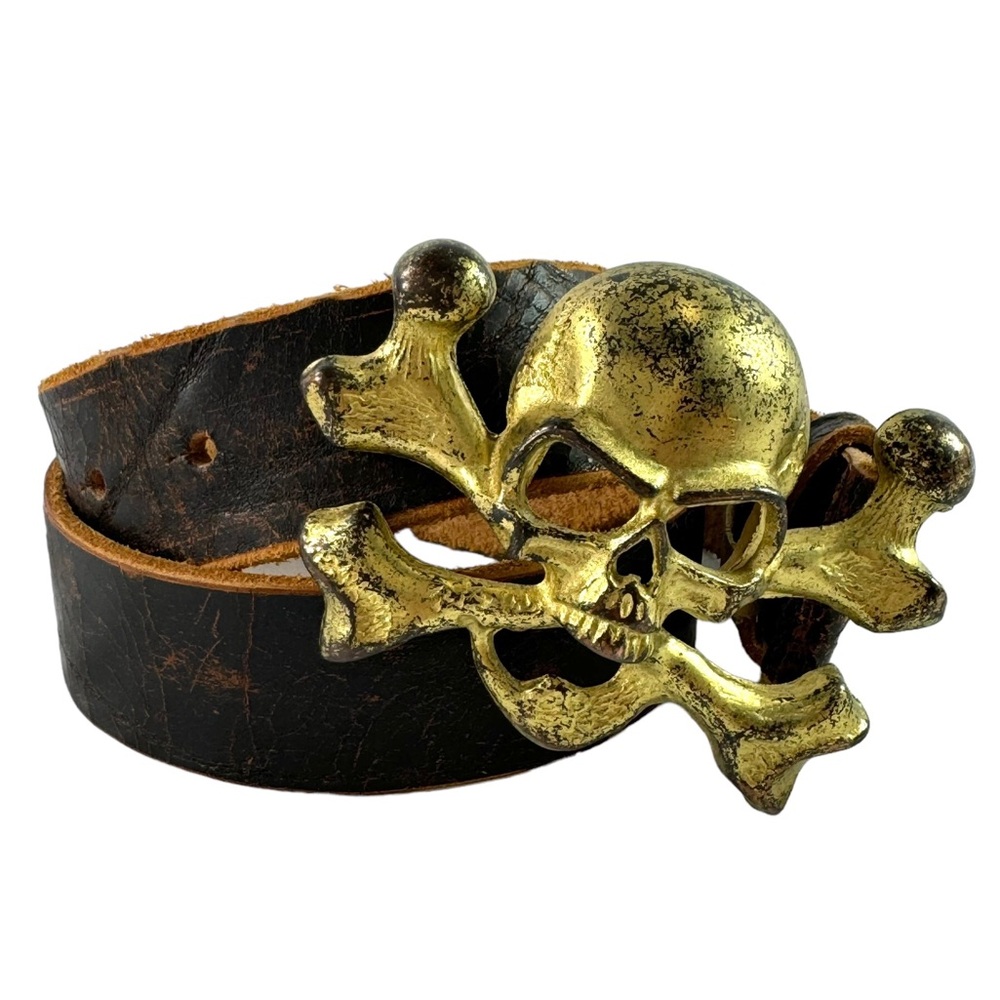 STREETS AHEAD Brown Leather Pirates Skull Buckle Women's Belt Made in USA XS
